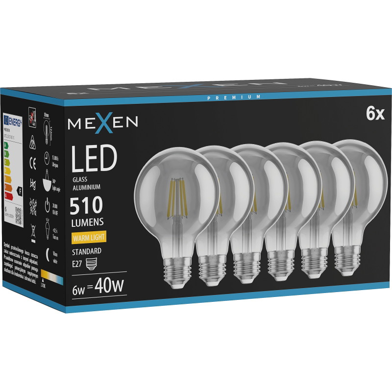 Mexen Vintis 6x LED-Filamentlampe E27, G80, 6W, Warm - 2700K, 510 lm, Smoke - L155-E27-0627-70x06