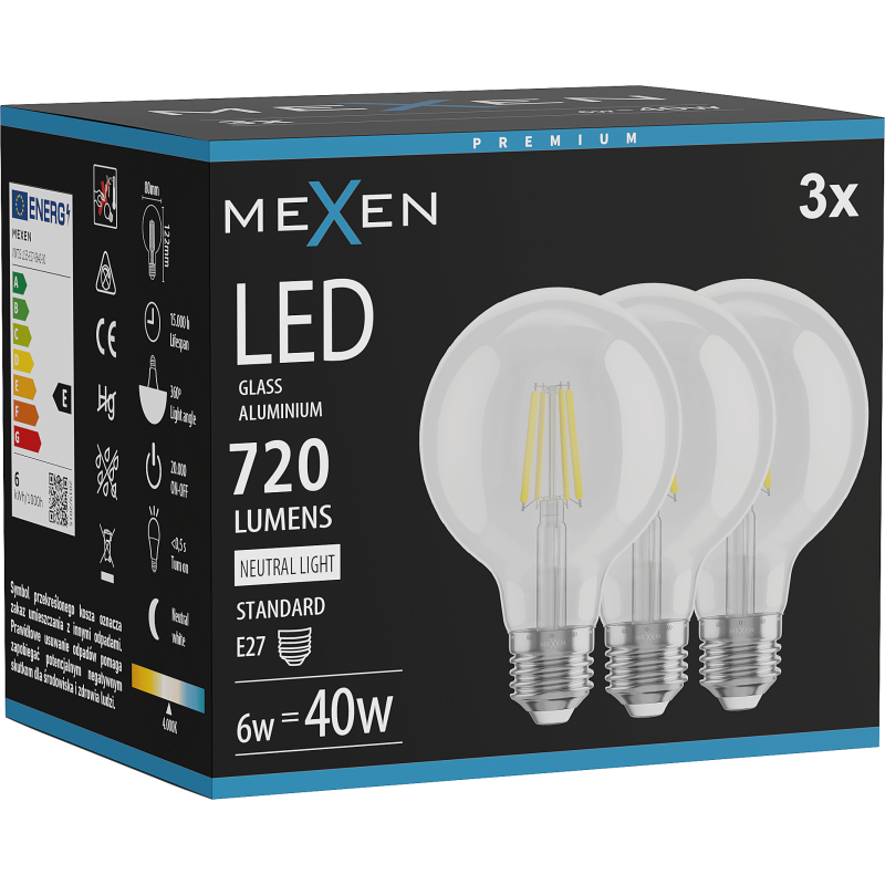 Mexen Vintis 3x LED kvēldiega spuldze E27, G80, 6W, Neitrāla - 4000K, 720 lm, caurspīdīga - L155-E27-0640-00x03
