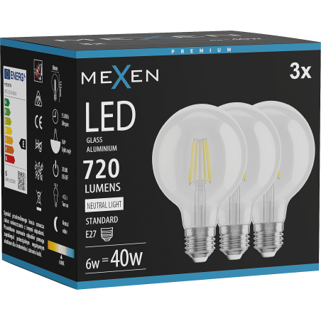 Mexen Vintis 3x LED kvēldiega spuldze E27, G80, 6W, Neitrāla - 4000K, 720 lm, caurspīdīga - L155-E27-0640-00x03