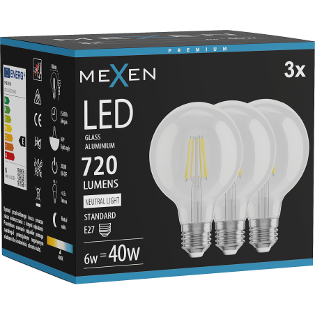 Mexen Vintis 3x żarówka filament LED E27, G80, 6W, Neutralna - 4000K, 720 lm, clear - L155-E27-0640-00x03