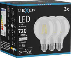 Mexen Vintis 3x LED filamentlambipirn E27, G80, 6W, Neutraalne - 4000K, 720 lm, läbipaistev - L155-E27-0640-00x03