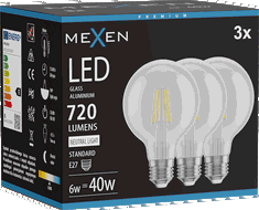 Mexen Vintis 3x LED kvēldiega spuldze E27, G80, 6W, Neitrāla - 4000K, 720 lm, caurspīdīga - L155-E27-0640-00x03