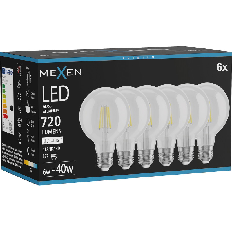 Mexen Vintis 6x filamentti LED-polttimo E27, G80, 6W, Neutraali - 4000K, 720 lm, kirkas - L155-E27-0640-00x06