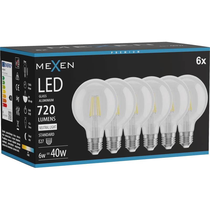 Mexen Vintis 6x LED filament lamp E27, G80, 6W, Neutraal - 4000K, 720 lm, helder - L155-E27-0640-00x06