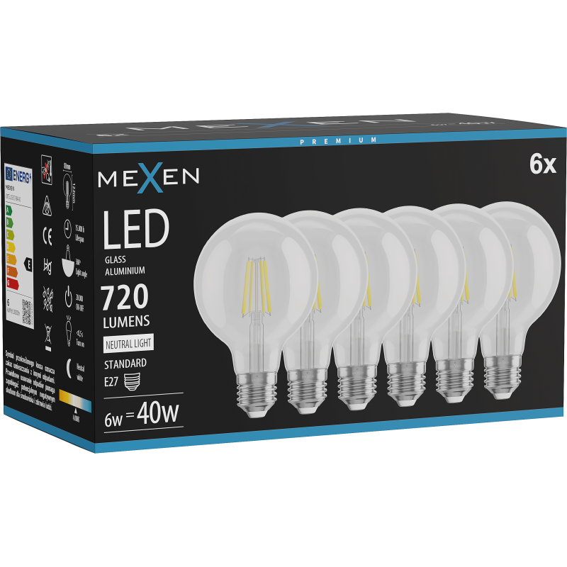 Mexen Vintis 6x LED kvēldiega spuldze E27, G80, 6W, Neitrāla - 4000K, 720 lm, caurspīdīga - L155-E27-0640-00x06