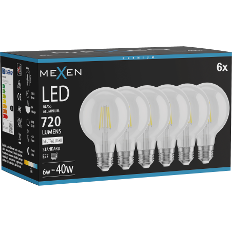 Mexen Vintis 6x LED-Filament-Glühlampe E27, G80, 6W, Neutral - 4000K, 720 lm, klar - L155-E27-0640-00x06