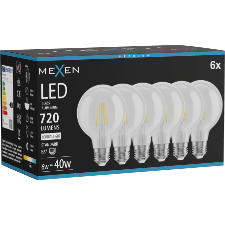 Mexen Vintis 6x LED kvēldiega spuldze E27, G80, 6W, Neitrāla - 4000K, 720 lm, caurspīdīga - L155-E27-0640-00x06