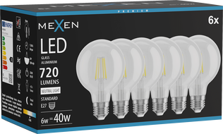 Mexen Vintis 6x LED hõõgniit pirn E27, G80, 6W, Neutraalne - 4000K, 720 lm, läbipaistev - L155-E27-0640-00x06