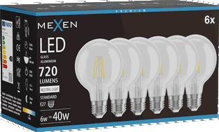 Mexen Vintis 6x LED kvēldiega spuldze E27, G80, 6W, Neitrāla - 4000K, 720 lm, caurspīdīga - L155-E27-0640-00x06