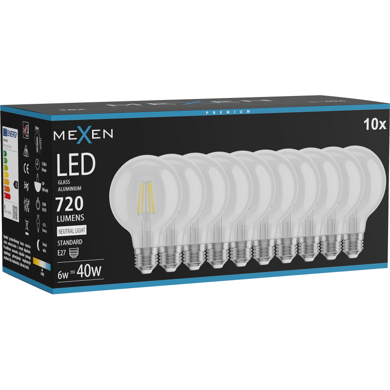 Mexen Vintis 10x Filamenta LED spuldze E27, G80, 6W, Neitrāla - 4000K, 720 lm, caurspīdīga - L155-E27-0640-00x10