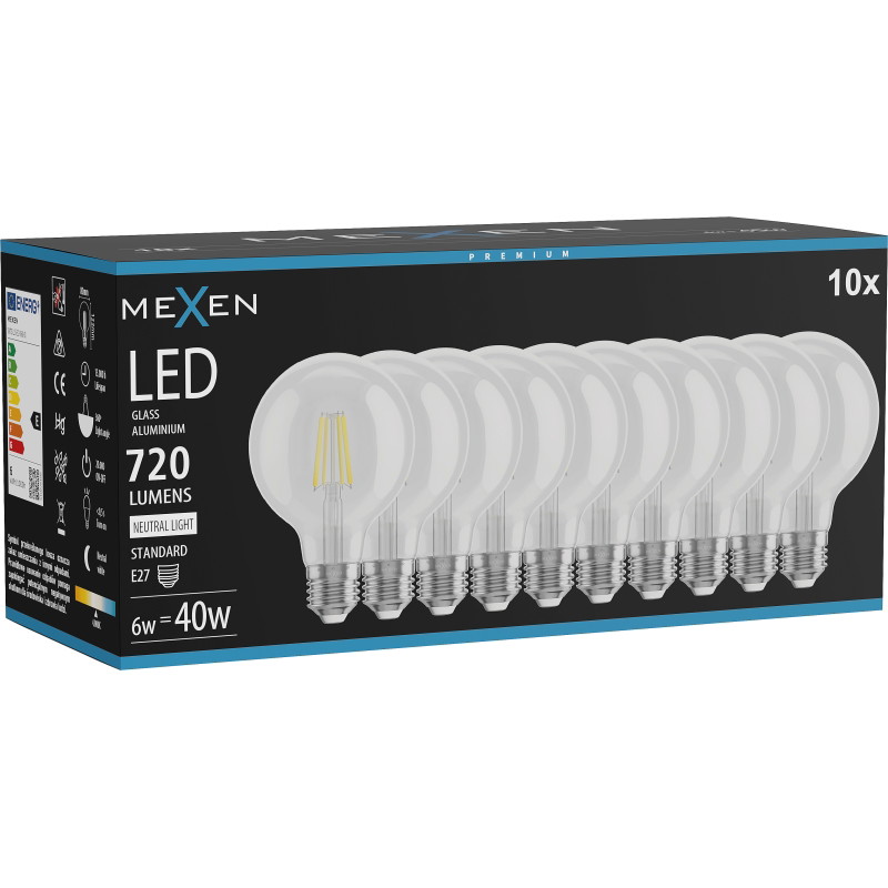 Mexen Vintis 10x LED filamentlamp E27, G80, 6W, Neutraal - 4000K, 720 lm, helder - L155-E27-0640-00x10