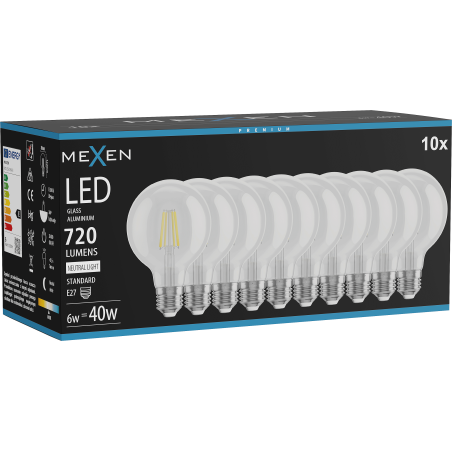 Mexen Vintis 10x Filamenta LED spuldze E27, G80, 6W, Neitrāla - 4000K, 720 lm, caurspīdīga - L155-E27-0640-00x10