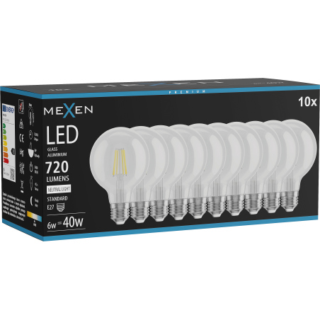 Mexen Vintis 10x LED filamentlamp E27, G80, 6W, Neutraal - 4000K, 720 lm, helder - L155-E27-0640-00x10