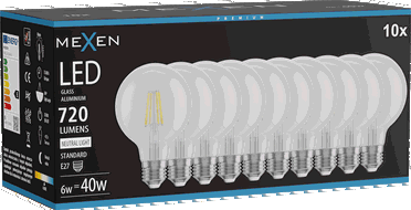Mexen Vintis 10x Filamenta LED spuldze E27, G80, 6W, Neitrāla - 4000K, 720 lm, caurspīdīga - L155-E27-0640-00x10