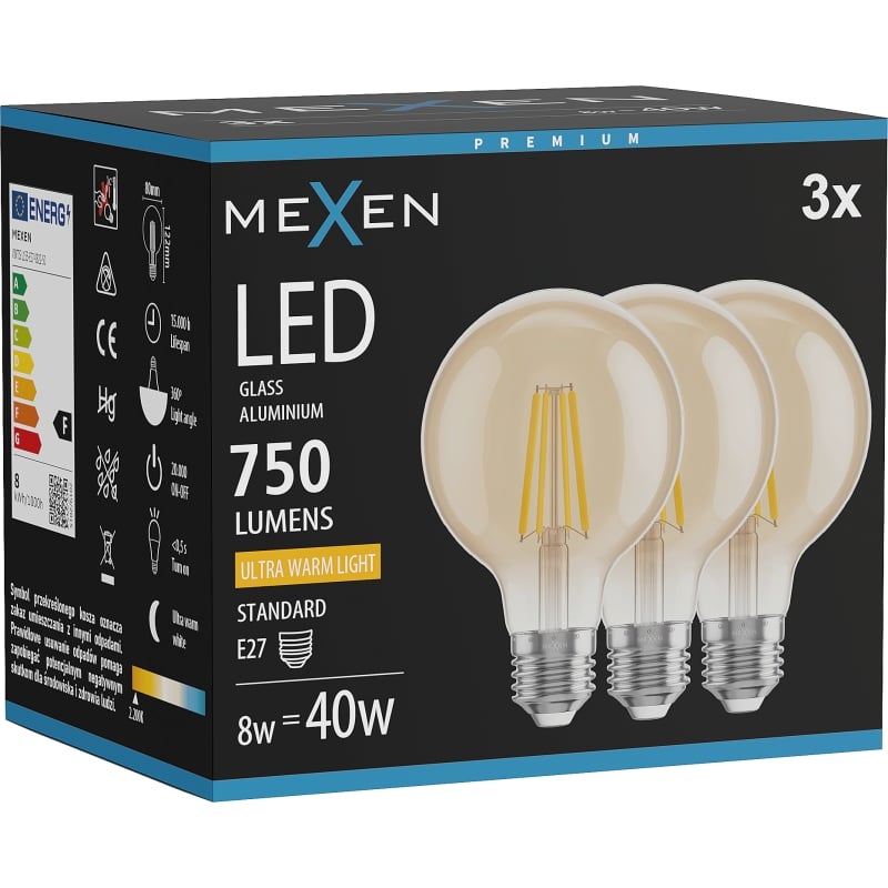 Mexen Vintis 3x Lampadina a filamento LED E27, G80, 8W, Calda - 2200K, 750 lm, ambra - L155-E27-0822-50x03