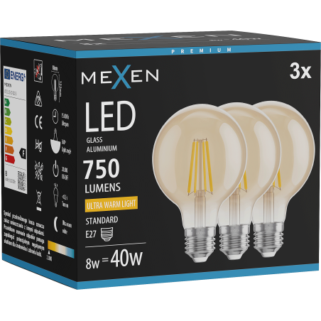 Mexen Vintis 3x Lampadina a filamento LED E27, G80, 8W, Calda - 2200K, 750 lm, ambra - L155-E27-0822-50x03