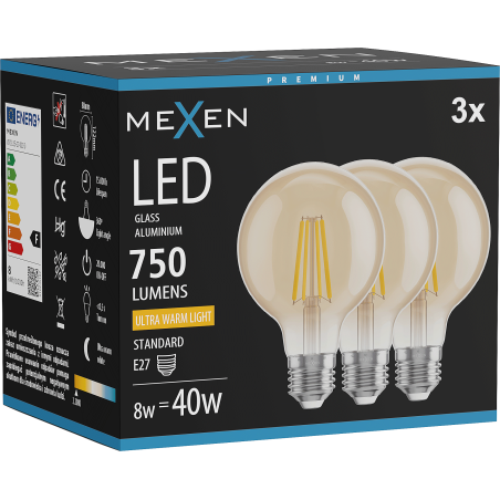 Mexen Vintis 3x LED filament žarnica E27, G80, 8W, Topla - 2200K, 750 lm, jantarna - L155-E27-0822-50x03