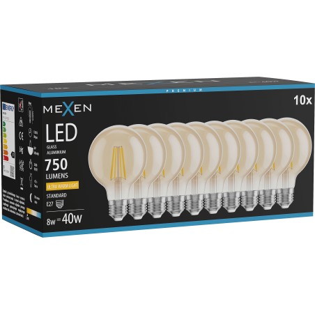 Mexen Vintis 10x Bombilla LED de filamento E27, G80, 8W, Cálida - 2200K, 750 lm, ámbar - L155-E27-0822-50x10