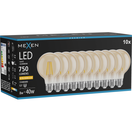 Mexen Vintis 10x LED filamenta spuldze E27, G80, 8W, Silta - 2200K, 750 lm, dzintara - L155-E27-0822-50x10