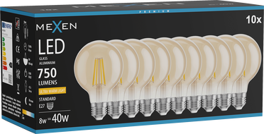 Mexen Vintis 10x LED filamenta spuldze E27, G80, 8W, Silta - 2200K, 750 lm, dzintara - L155-E27-0822-50x10