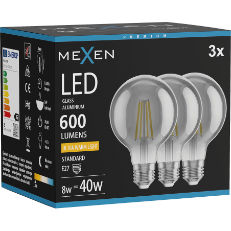 Mexen Vintis 3x Ampoule LED filament E27, G80, 8W, Chaude - 2200K, 600 lm, fumée - L155-E27-0822-70x03
