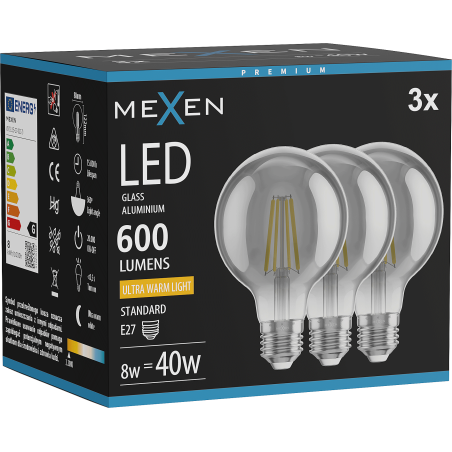 Mexen Vintis 3x Lampadina a filamento LED E27, G80, 8W, Calda - 2200K, 600 lm, fumé - L155-E27-0822-70x03
