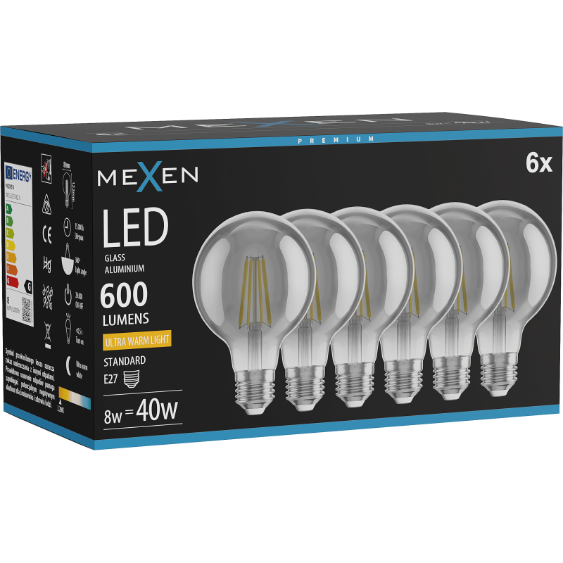 Mexen Vintis 6x Λάμπα νήματος LED E27, G80, 8W, Θερμό - 2200K, 600 lm, καπνιστό - L155-E27-0822-70x06