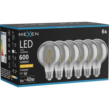 Mexen Vintis 6x Lampadina LED a filamento E27, G80, 8W, Calda - 2200K, 600 lm, smoke - L155-E27-0822-70x06