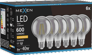 Mexen Vintis 6x żarówka filament LED E27, G80, 8W, Ciepła - 2200K, 600 lm, smoke - L155-E27-0822-70x06