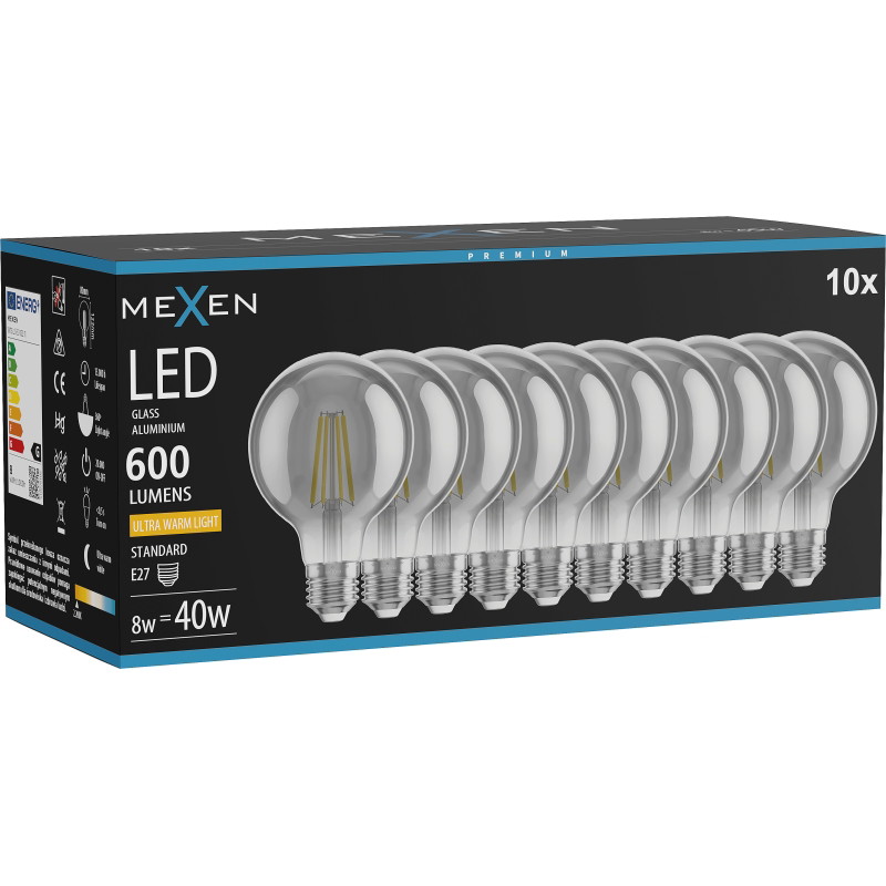 Mexen Vintis 10x LED Filament -lamppu E27, G80, 8W, Lämmin - 2200K, 600 lm, savu - L155-E27-0822-70x10