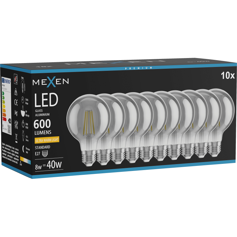 Mexen Vintis 10x LED filament žarnica E27, G80, 8W, Topla - 2200K, 600 lm, dimljena - L155-E27-0822-70x10