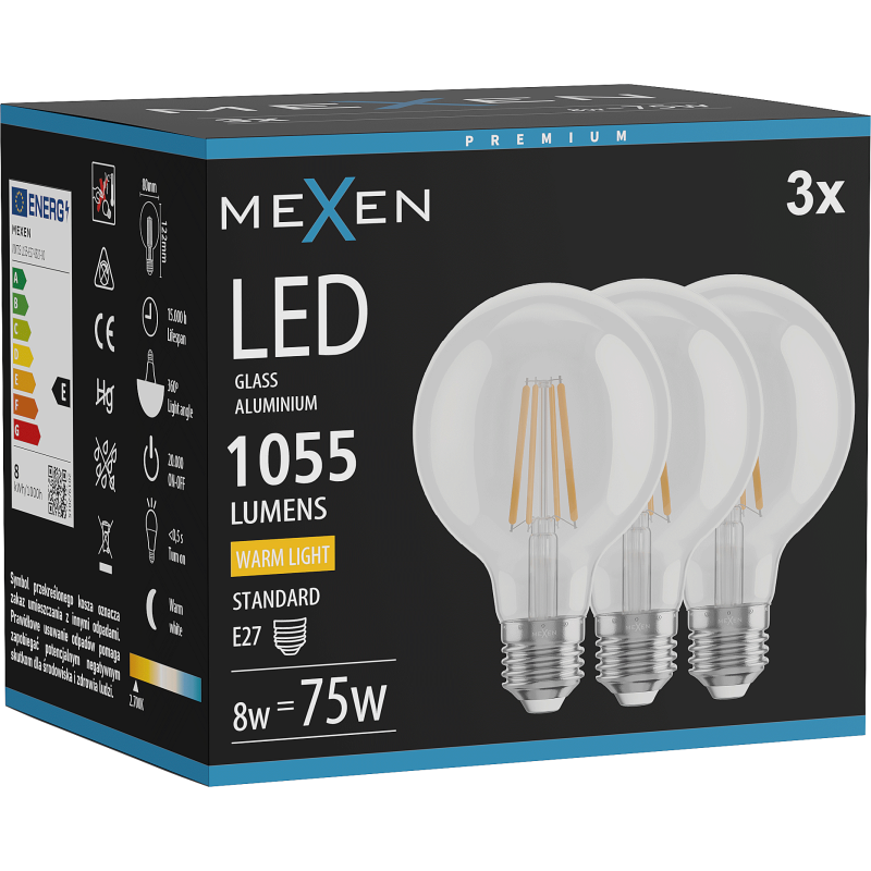 Mexen Vintis 3x LED Filament Glühbir fir E27, G80, 8W, Warm - 2700K, 1055 lm, kloer - L155-E27-0827-00x03