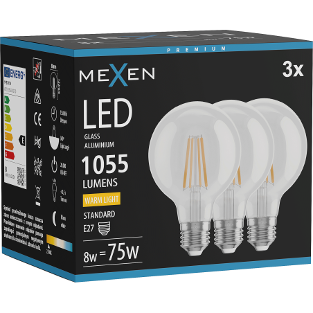 Mexen Vintis 3x kvēlspuldze LED E27, G80, 8W, Silta - 2700K, 1055 lm, dzidra - L155-E27-0827-00x03