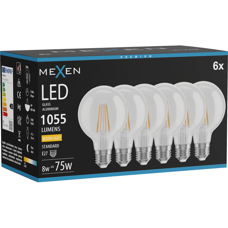 Mexen Vintis 6x Λάμπα νήματος LED E27, G80, 8W, Θερμό - 2700K, 1055 lm, διαυγές - L155-E27-0827-00x06