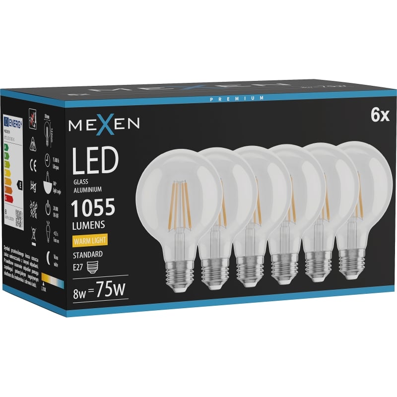 Mexen Vintis 6x LED filament glödlampa E27, G80, 8W, Varm - 2700K, 1055 lm, klar - L155-E27-0827-00x06