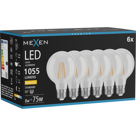 Mexen Vintis 6x LED filament glödlampa E27, G80, 8W, Varm - 2700K, 1055 lm, klar - L155-E27-0827-00x06