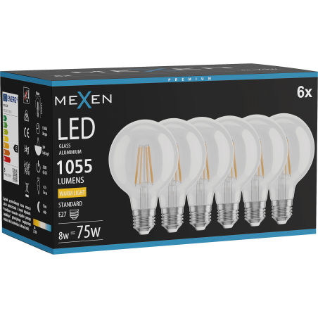 Mexen Vintis 6x LED filament spuldze E27, G80, 8W, Silts - 2700K, 1055 lm, caurspīdīgs - L155-E27-0827-00x06