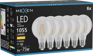 Mexen Vintis 6x LED filament-pirn E27, G80, 8W, Soe - 2700K, 1055 lm, läbipaistev - L155-E27-0827-00x06