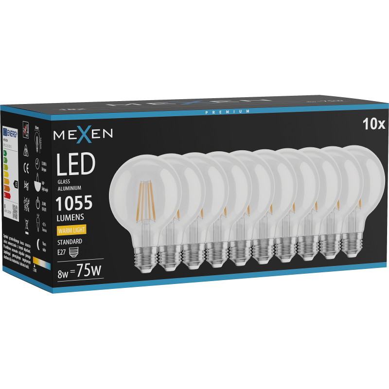 Mexen Vintis 10x Bombilla de filamento LED E27, G80, 8W, Cálida - 2700K, 1055 lm, clara - L155-E27-0827-00x10
