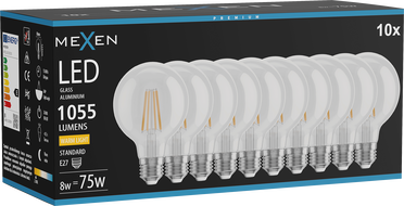 Mexen Vintis 10x LED-filamentlamp E27, G80, 8W, Soe - 2700K, 1055 lm, läbipaistev - L155-E27-0827-00x10