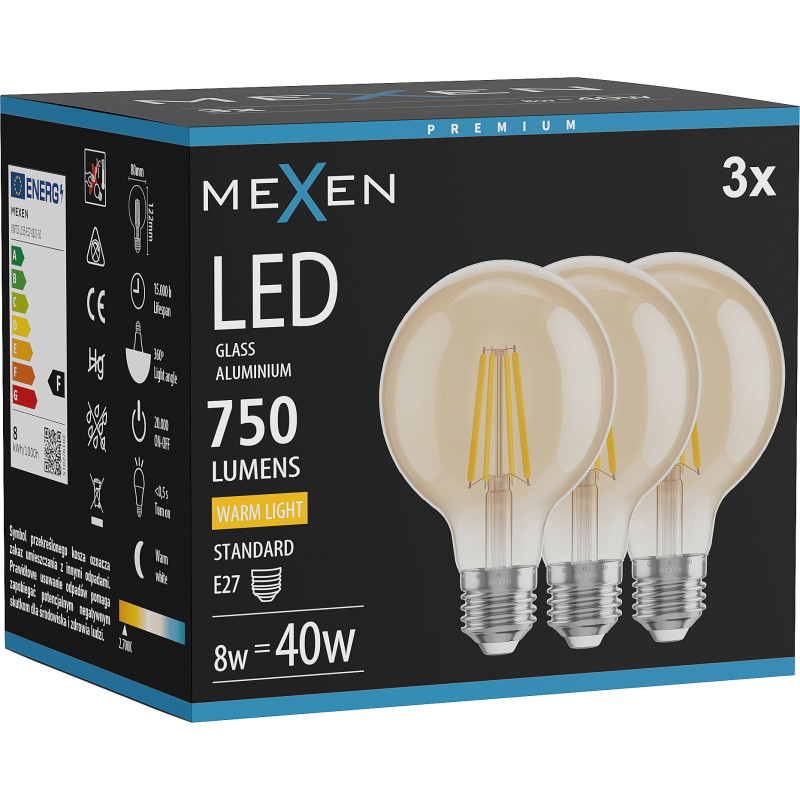 Mexen Vintis 3x LED filamentlamp E27, G80, 8W, Warm - 2700K, 750 lm, amber - L155-E27-0827-50x03