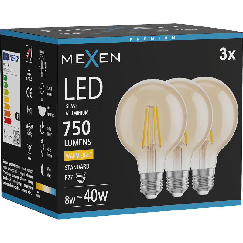 Mexen Vintis 3x LED-Filamentlampe E27, G80, 8W, Warm - 2700K, 750 lm, amber - L155-E27-0827-50x03