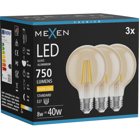 Mexen Vintis 3x Lampadina a filamento LED E27, G80, 8W, Calda - 2700K, 750 lm, ambra - L155-E27-0827-50x03
