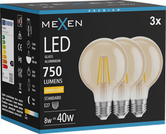 Mexen Vintis 3x LED-filamentlambipirn E27, G80, 8W, Soe - 2700K, 750 lm, merevaik - L155-E27-0827-50x03