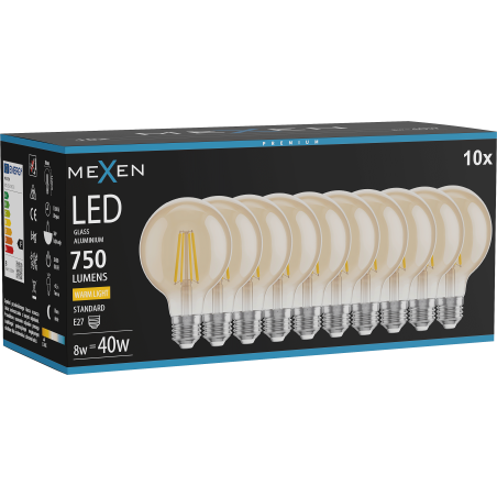 Mexen Vintis 10x LED-filamentlampa E27, G80, 8W, Varm - 2700K, 750 lm, amber - L155-E27-0827-50x10