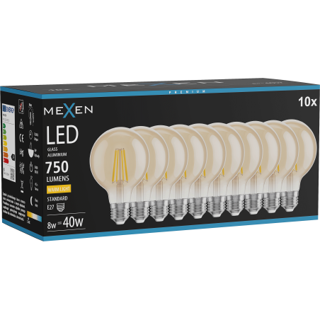 Mexen Vintis 10x LED filamentu spuldze E27, G80, 8W, Silta - 2700K, 750 lm, dzintars - L155-E27-0827-50x10