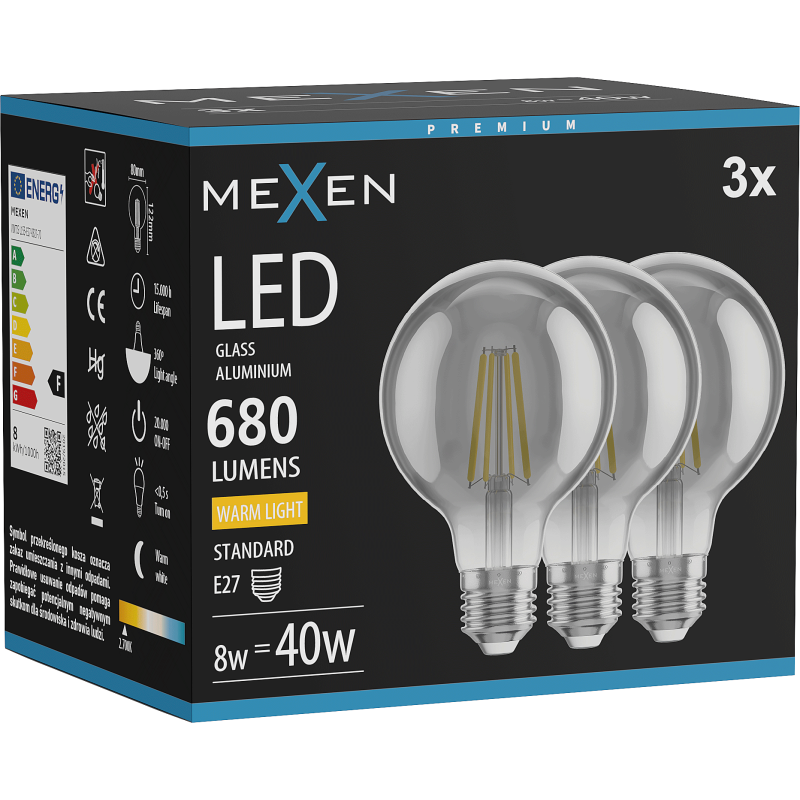 Mexen Vintis 3x LED spuldze ar diegu E27, G80, 8W, Silta - 2700K, 680 lm, dūmakainā - L155-E27-0827-70x03