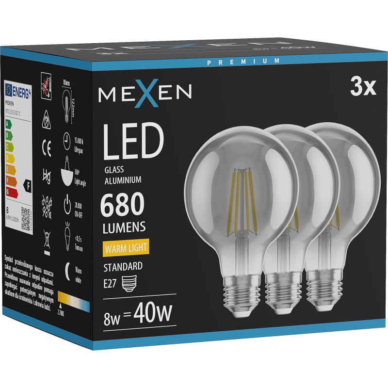 Mexen Vintis 3x żarówka filament LED E27, G80, 8W, Ciepła - 2700K, 680 lm, smoke - L155-E27-0827-70x03