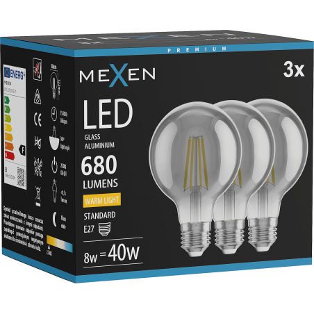 Mexen Vintis 3x LED Filament Glühbir, E27, G80, 8W, Warm - 2700K, 680 lm, Rauch - L155-E27-0827-70x03