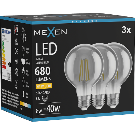 Mexen Vintis 3x żarówka filament LED E27, G80, 8W, Ciepła - 2700K, 680 lm, smoke - L155-E27-0827-70x03